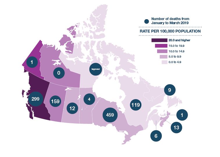 Opioid-related deaths by province or territory 2019-en